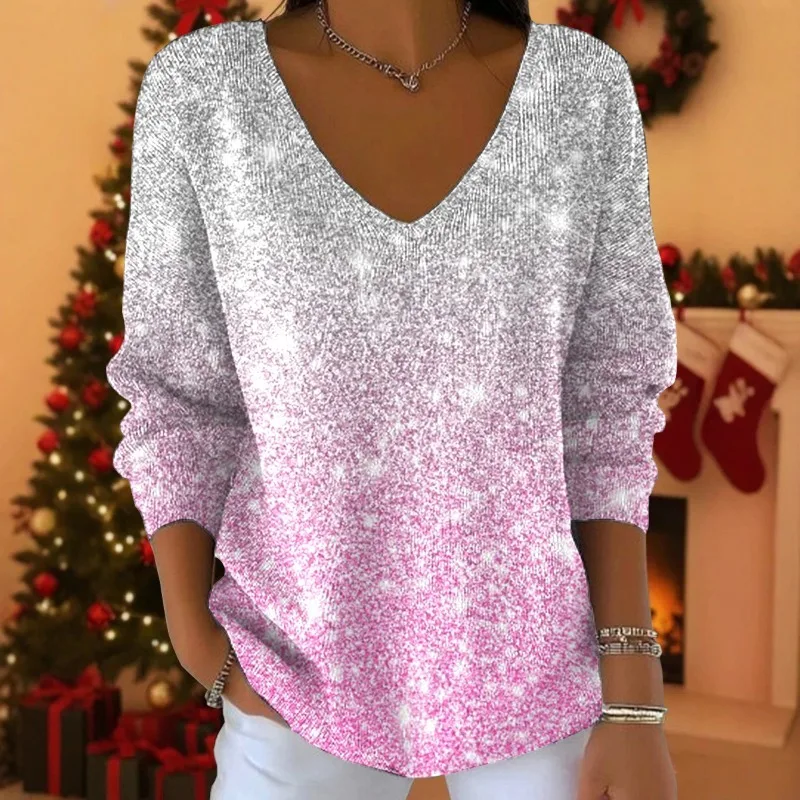 Women's New Top T-Shirt V-Neck Long Sleeve Pullover Printing Fashion Casual Versatile