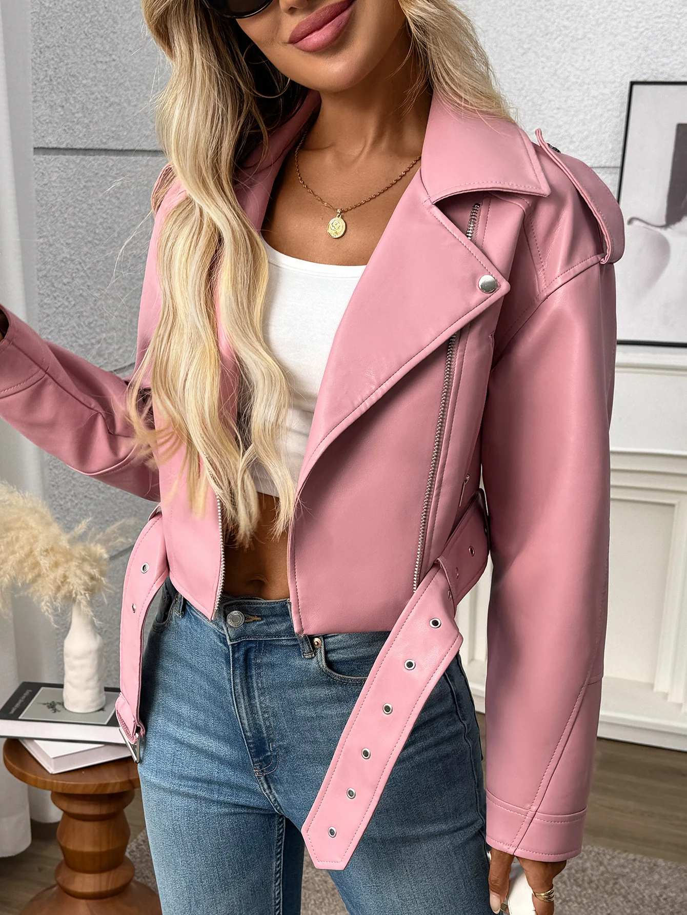 سترة Fitaylor النسائية المصنوعة من الجلد الصناعي مع طية صدر السترة للدراجات النارية من الجلد معطف وردي كاجوال