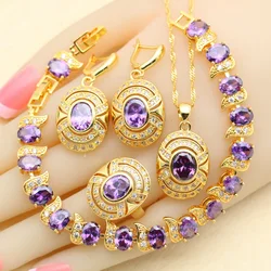 Purple Cubic Zircon White CZ Gold Color Jewelry Sets For Women Bracelet Earrings Necklace Pendant Rings Free Gift Box