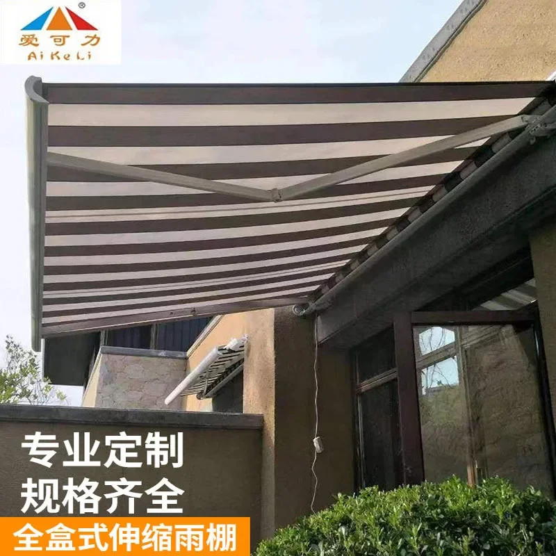 Luxury full-box telescopic canopy, electric hand crank integrated with LED light, heavy-duty aluminum alloy awning factory