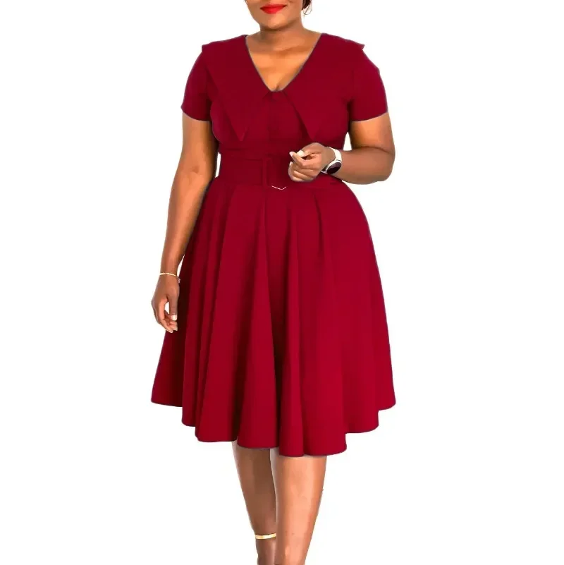 

Elegant African Pleat Midi Dress for Women Summer Short Sleeve V-neck Polyester Dashiki Outfit African Clothes
