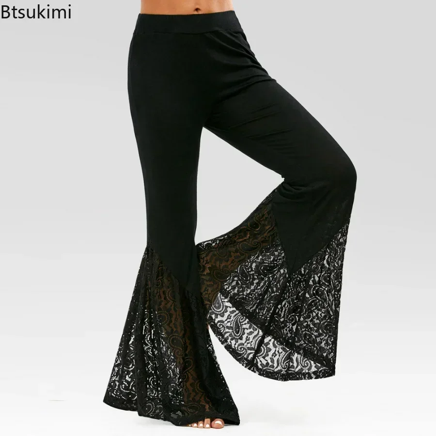 2024 Women\'s Gothic Punk Lace Flare Pants Slim Bandage Side Bellbottoms For Women Black Loose Summer Thin Trousers Long Pants