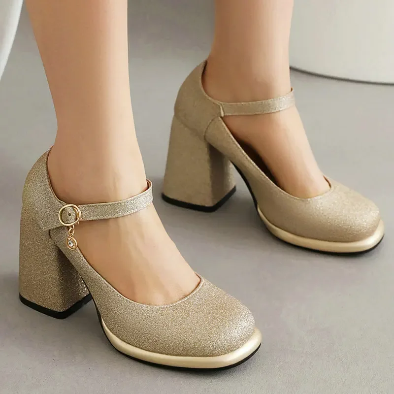 بريق بلينغ البريق الذهب والفضة مغلق تو مشبك حزام امرأة مضخات سيدة الربيع أحذية مكتنزة عالية الكعب ماري جينس أحذية الحفلات #3