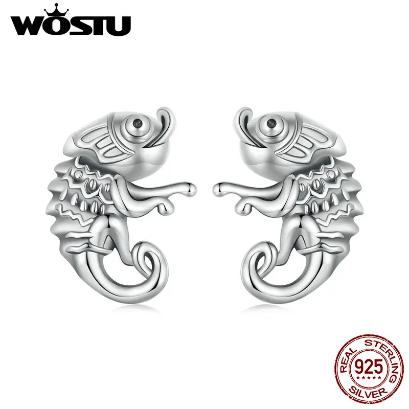 WOSTU Chameleon Earrings For Women Vintage 925 Sterling Silver Delicate Animal Mini Stud Earrings Anniversary Party Jewelry Gift