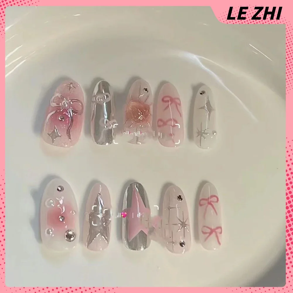 10Pcs Handmade Kawaii animal Fake Nails Kawaii Sweetheart Girl Cartoon Diamond Anime Manicure Removable Nail Art Holiday Gifts