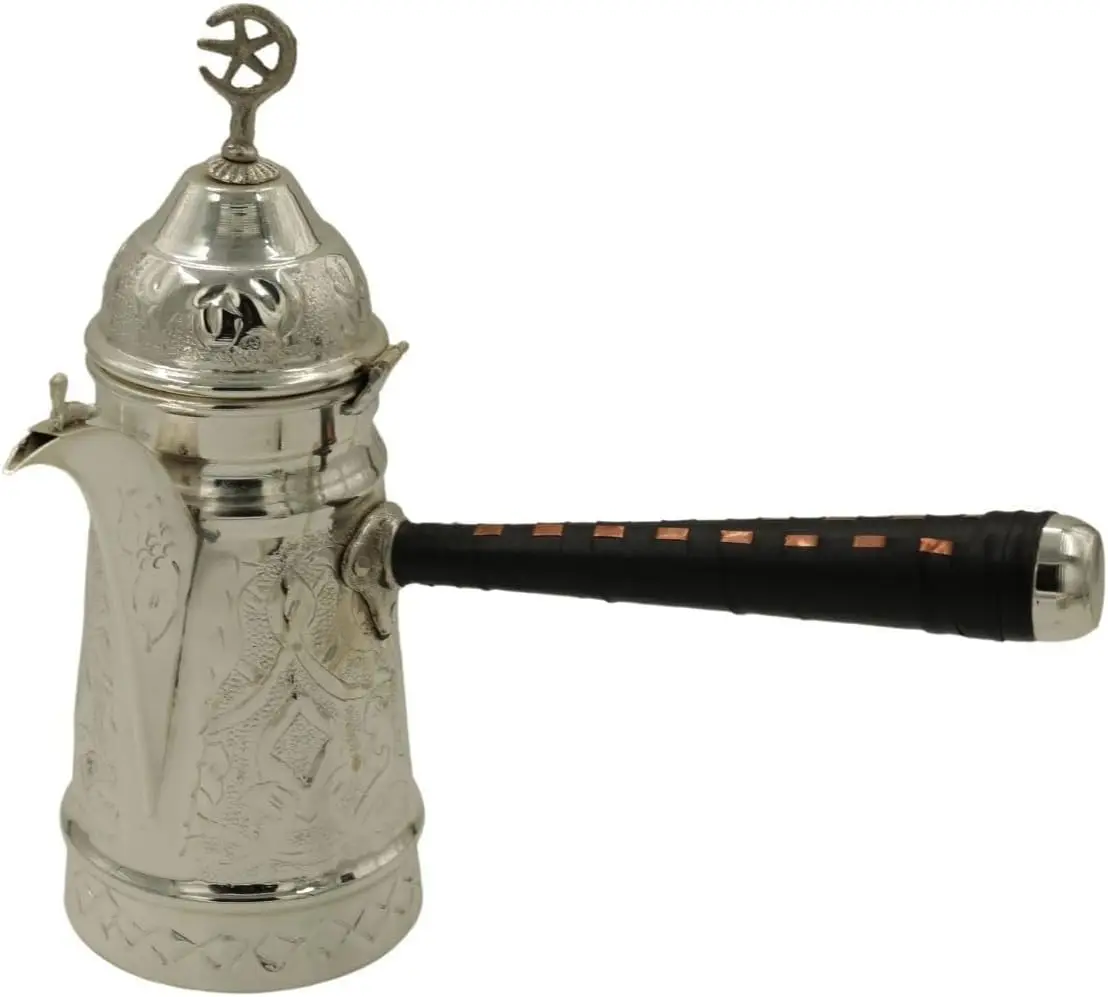Silver Plated Copper Turkish Coffee Pot, Hand-Engraved Design, Traditional Mırra Cezve, 7.9-Inch - Silver Plated