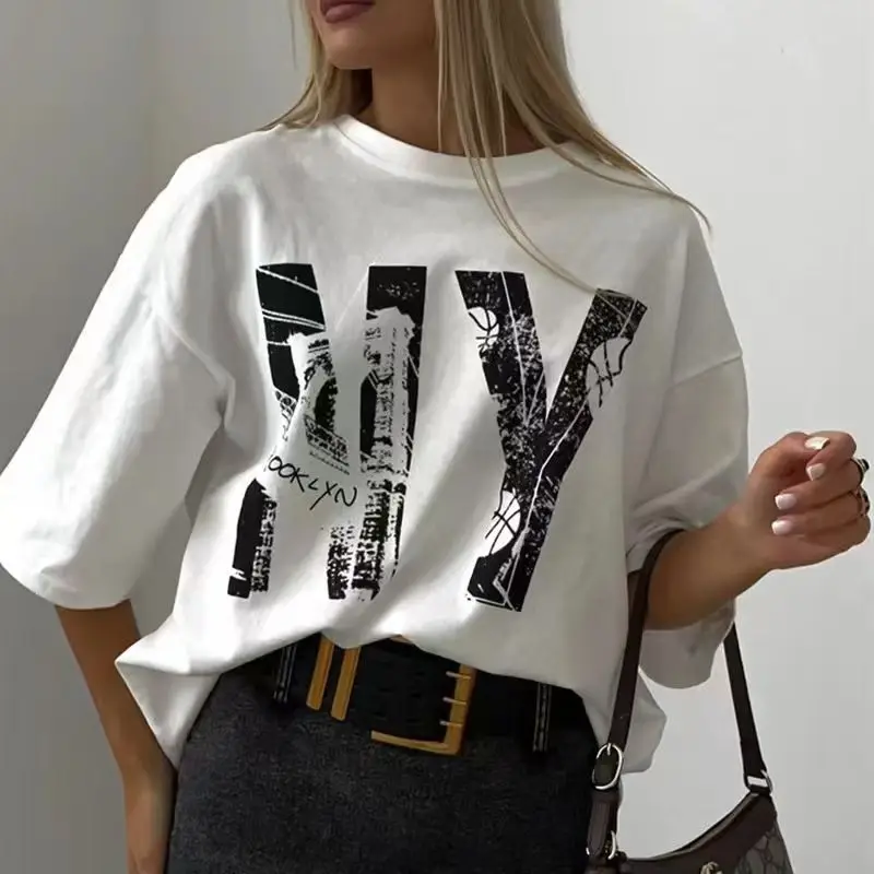 Vintage Letter Print O Neck T-shirts Women Loose Short Sleeve Cotton T-shirt 2025 Summer New Lady All-match Basic Top Streetwear