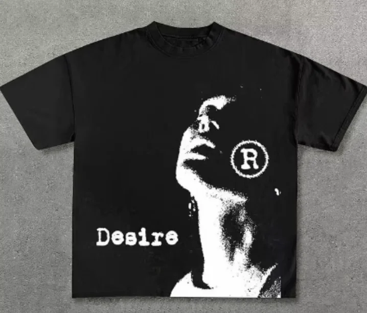 2026 Desire Vintage Streetwear T‑Shirt Grunge Distressed Figure R Logo Print Unisex Oversized Short Sleeve Tee
