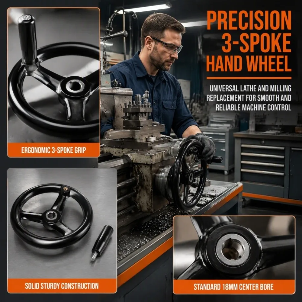 Black Plastic Hand Wheel Round Shape 200x18mm Size Lathe Handwheel 3-Spoke Design Revolving Handle 3-Spoke Hand Wheel