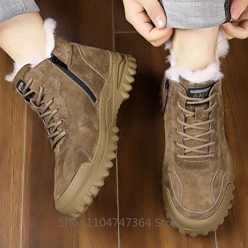 Winter Wool Lined Snow Boots Men's Shoes Genuine Suede High Top Ankle Boots Side Zipper Non-slip Rubber Sole Outdoor Warm Male