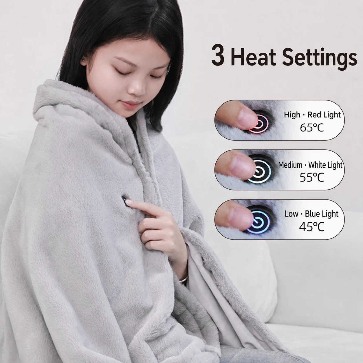 Electric heated shawl blanket, carbon fiber/graphene heating, smart three-level temperature control, USB port, machine washable