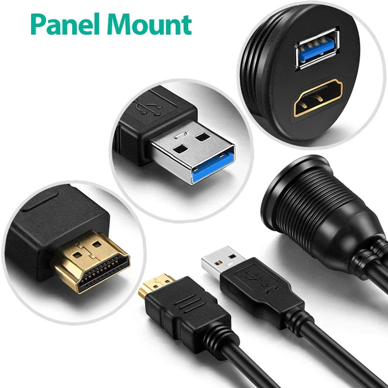 USB 3.0/2.0 And 4K HDTV Extension Data Cable Flush Mount Panel Cord For Car Yacht Boat Motorcycle Dashboard Waterproof Cord 1m