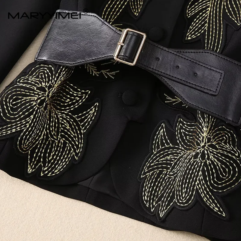 MARYYIMEI Fashion Runway Autumn Winter Suit Lace-Up V-Neck Embroidery Design Tops+Pretty Slim-Fit Hip Wrap skirt 2 piece set