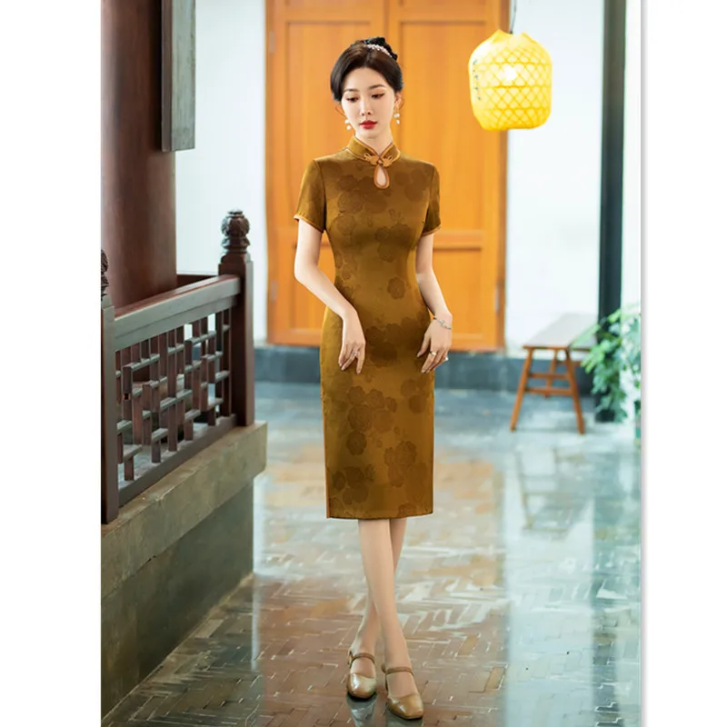 فحص مدخل الكلية الحمراء الأم شيونغسام تشي باو الربيع والصيف جديد ريترو تحسين النمط الصيني الأصفر قصيرة الأكمام #4