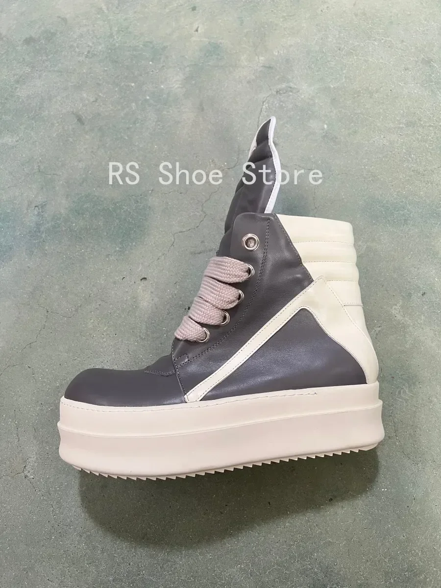 Ro مصمم أحذية الرجال حذاء رياضة رمادي النساء رمادي جلد حذاء بوت بطول الكاحل جامبو الأربطة منصة 6 سنتيمتر نعل سميك عالية أعلى حذاء كاجوال