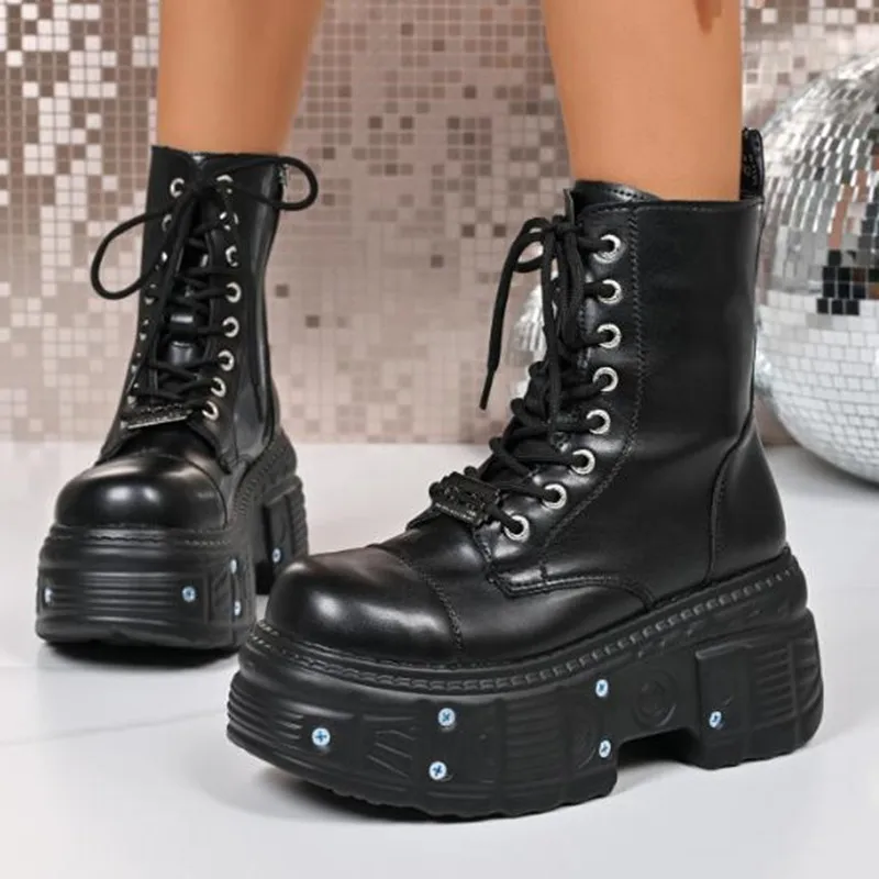 2026 New Goth Punk Women Platform Ankle Boots Female Rock Round Toe Lace Up Fashion Retro Chunky Shoes Metal Decor Short Booties view 2