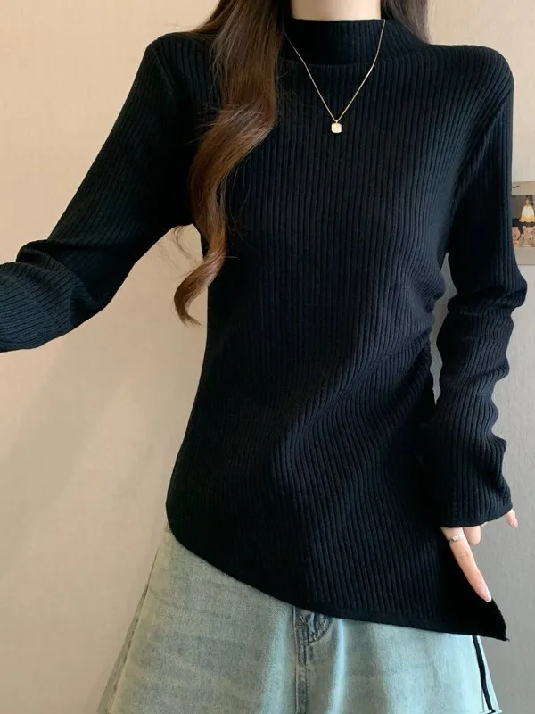 

plus Size Knitted Base Layer irt with Dstring f High Collar Women's Inner Wear Spring Autumn Hide Belly Slimming Top