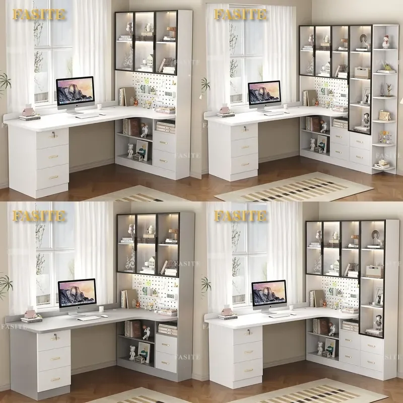 For Solid Wood Corner Desk with Bookshelf Integrated Computer Table Light Luxury Bedroom Study Furniture Space Saving Design