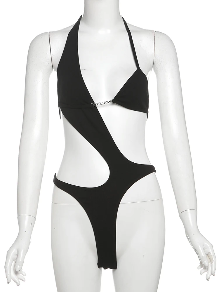 Nibber Backless Sexy Bodysuit Women Asymmetry Halter Letter Chain Waistless Hottie Skinny Stretch Midnight Clubwear Body Tops