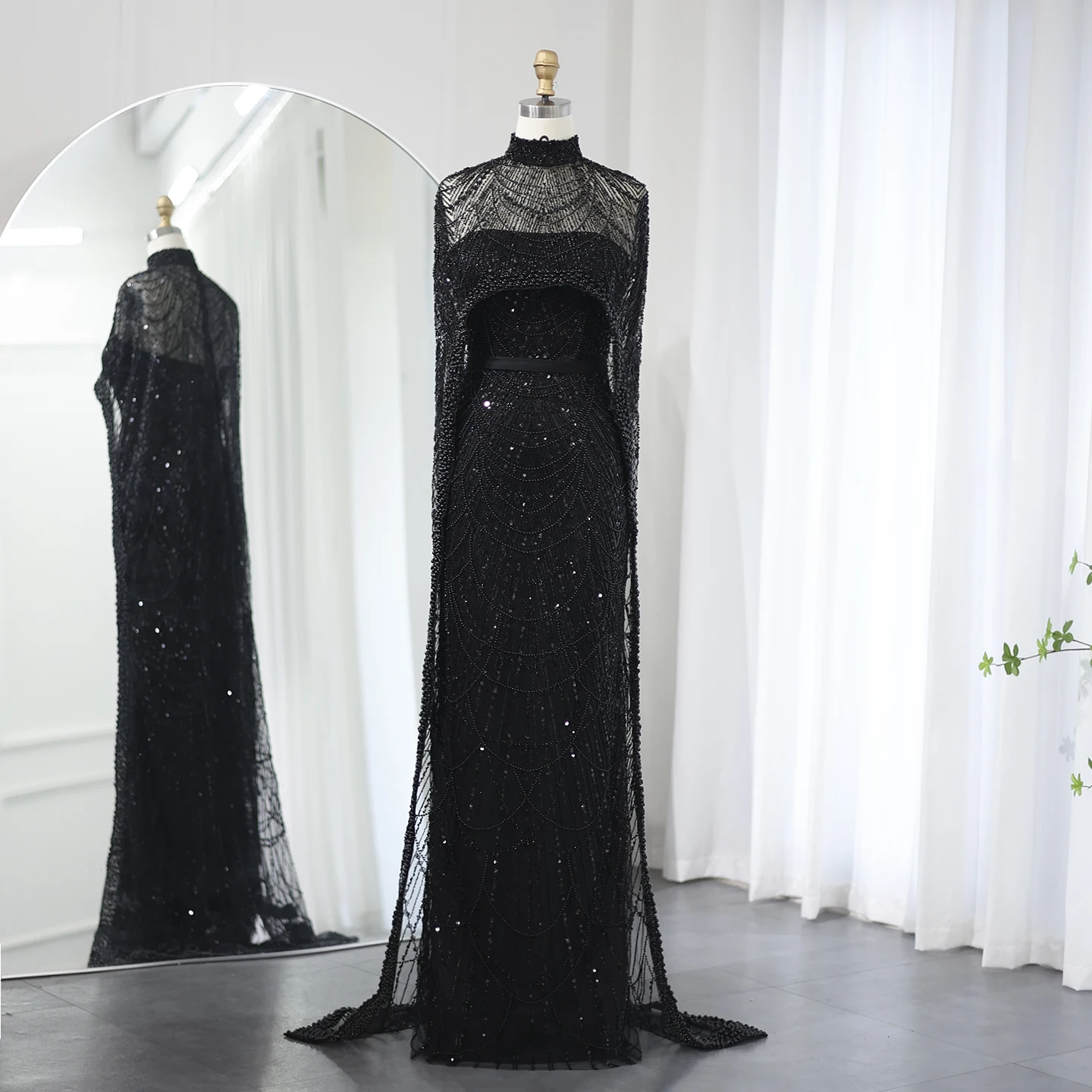 Sharon Said Luxus-Perlen Dubai Champagner Meerjungfrauen-Abendkleider mit Cape-Ärmeln Arabisches Hochzeits- und Abschlussballkleid SS369 Maßanfertigung – Detail 25