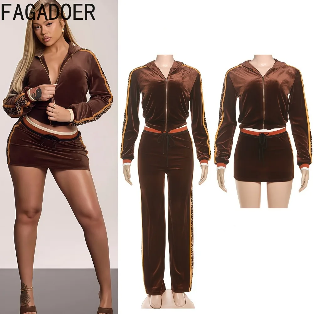 

FAGADOER Fashion Velvet Leopard Print Patchwork Two Piece Outfits Woman Long Sleeve Hooded Jacket + Skirts Female Streetwear New