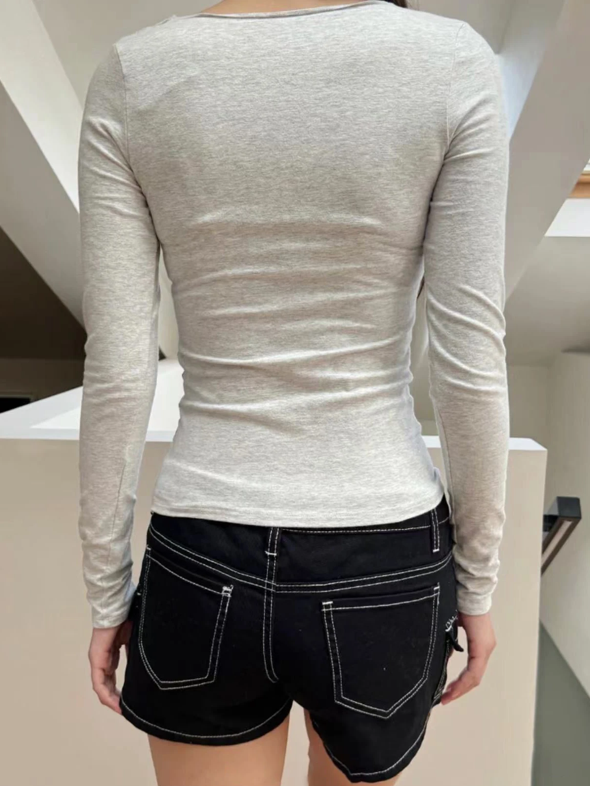 Lace Trim Slim Long Sleeve T-shirt Woman Folds Bow V Neck Cotton Tee Shirt Female Sweet Preppy Style Gray Basic Tshirt Y2k Tops