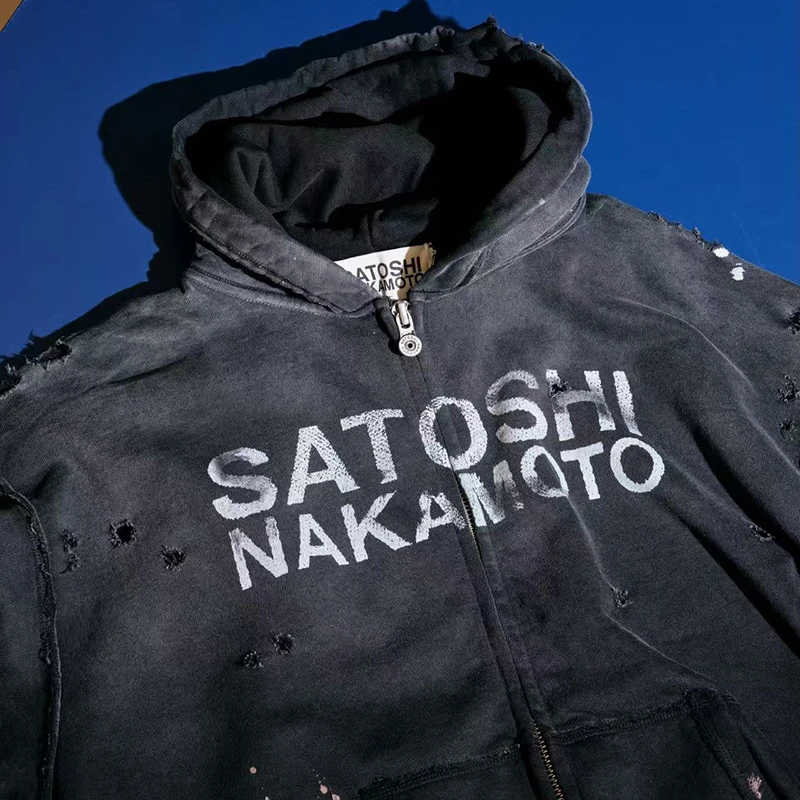 26FW Satoshi Nakamoto Zip Up Hoodie Vintage Distressed High Street Worn Out Print Men Women Hooded Pullover Real Photo