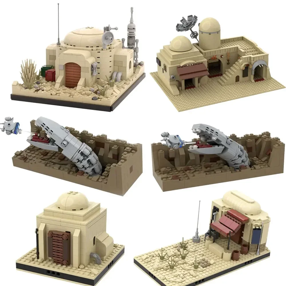 MOC Space Series Wars Desert Village Eisley-Cantina Slums Home Escape From Jedha Fight Spacecraft Nano Falcon Building Block