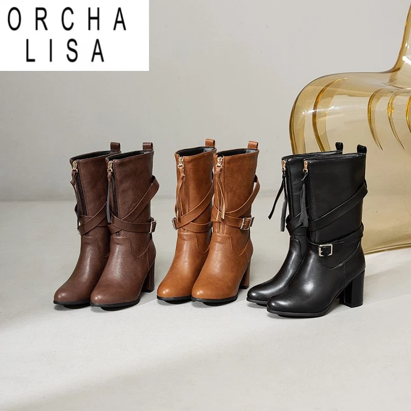 

ORCHA LISA/Винтажные женские сапоги до середины икры с круглым носком на блочном каблуке 7,5 см, с кисточками, размер 51, 52, модная повседневная обувь