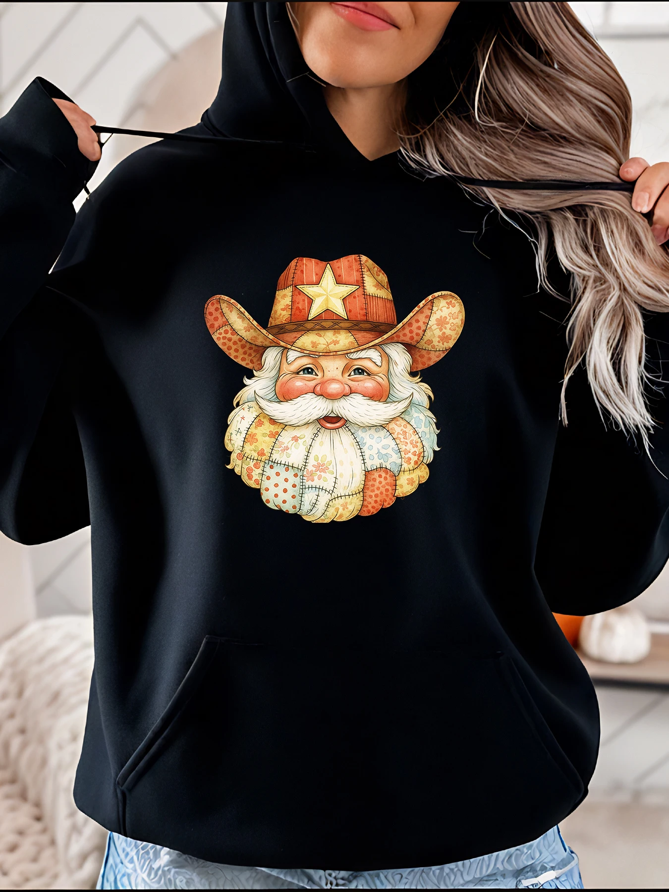 

Рождественская ковбойская толстовка с капюшоном Санта-Клауса в стиле пэчворк, толстовка унисекс, праздничная повседневная одежда для мужчин и женщин