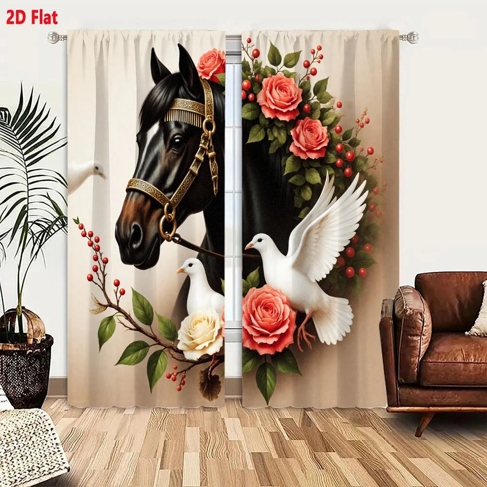 2Pcs Curtains 2D Flat Artistic Illustration Of A Black Horse With Golden Bridle White Blaze Dark Mane Surrounded By Pink White R