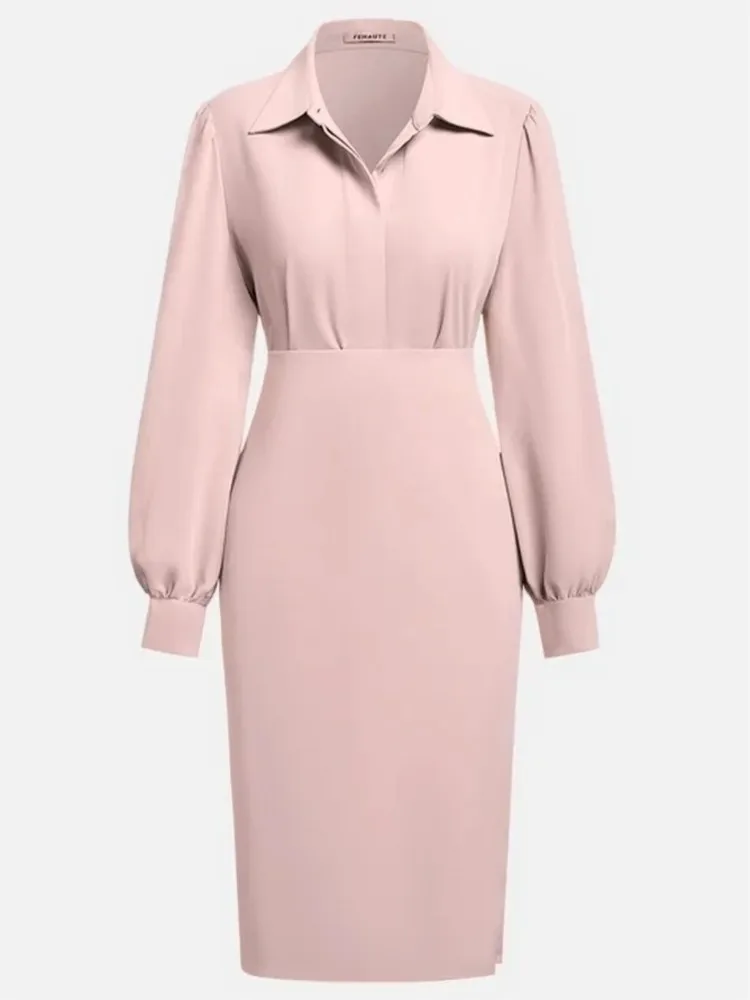

Spring Autumn Fashionable V-neck Solid Color Waist Cinched Pleated Dress Long Sleeve Slim Office Lady Dresses For Women Robe