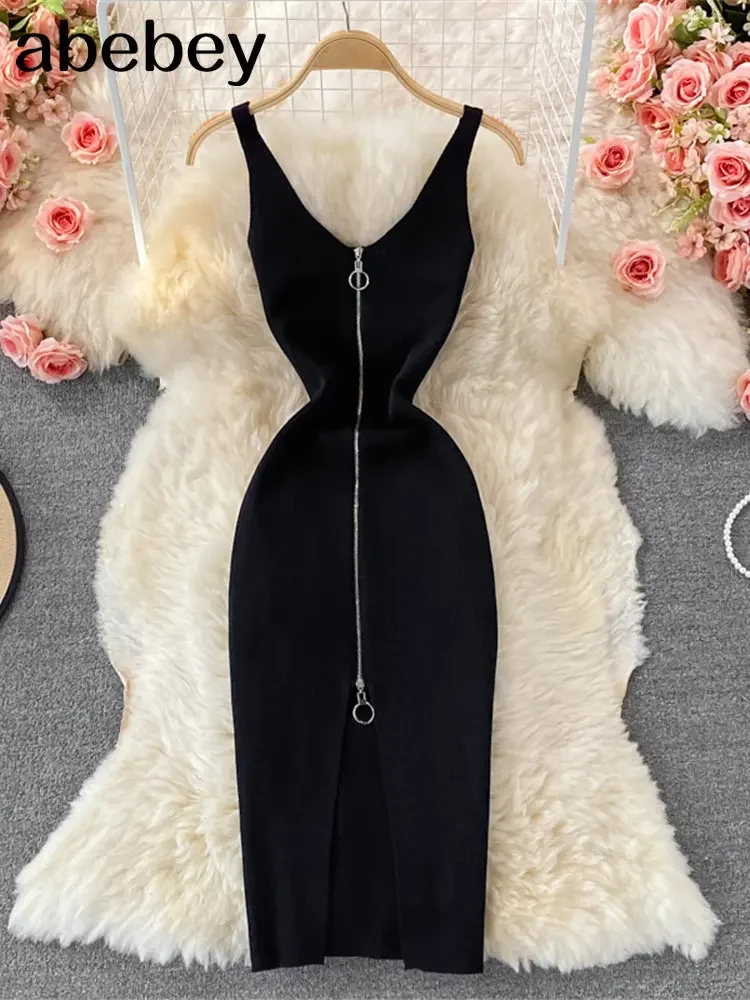 Zipple  2026 Sexy Summer Knit Strap Dress Women Tank Elatic Waist Bodycon Sundress Female Beach Split Backless Midi Dress