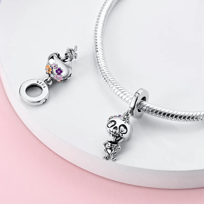 925 Sterling Silver Charms Bead CZ Zircon Cute Dance Skeleton Dangle Fit Original Bracelet DIY Women Jewelry