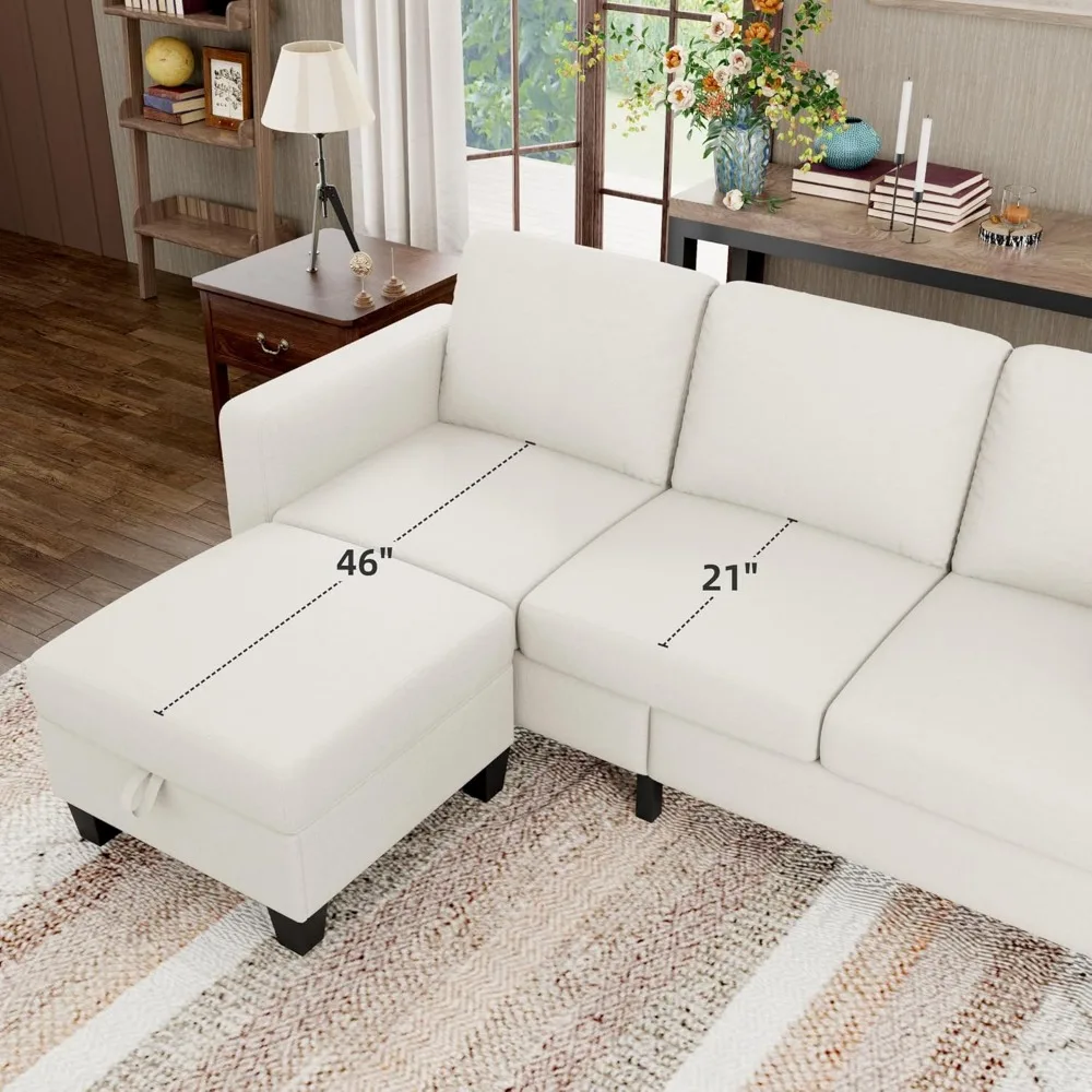 Living room segmented sofa, 3-seater L-shaped sofa with storage footstool and foldable lounge chair, suitable for living room