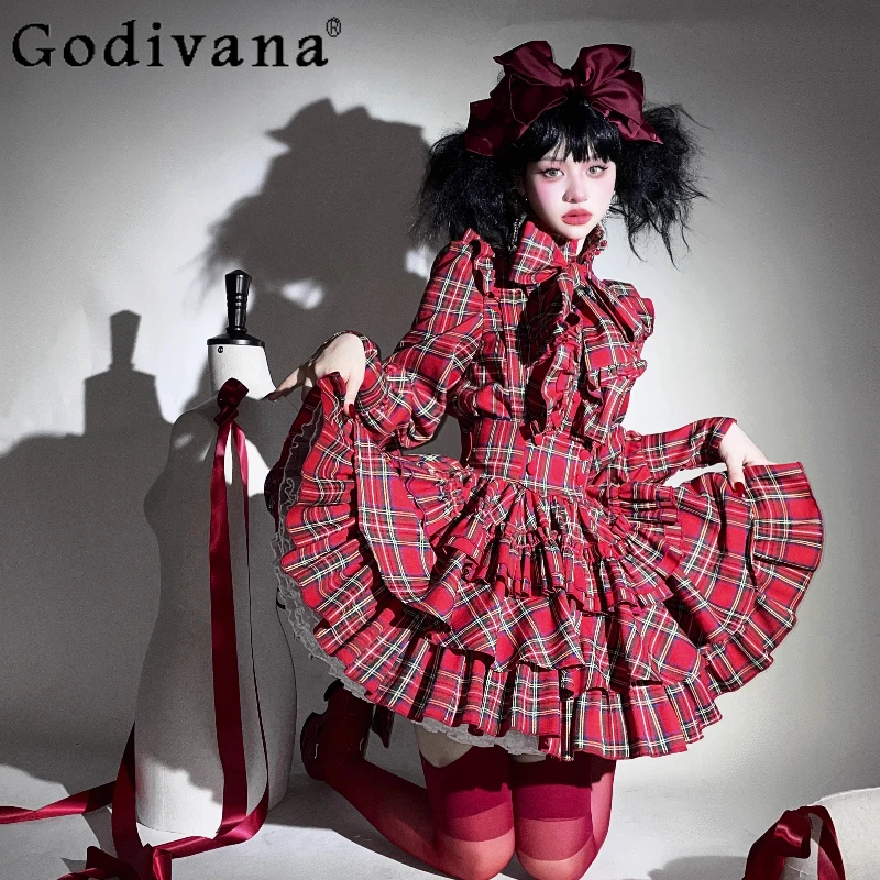 

Christmas Party Girls Red Plaid Skirt Shirt 2-Piece Set Autumn Women's Elegant Retro Gothic Lolita Long Sleeve Shirt SK Outfits