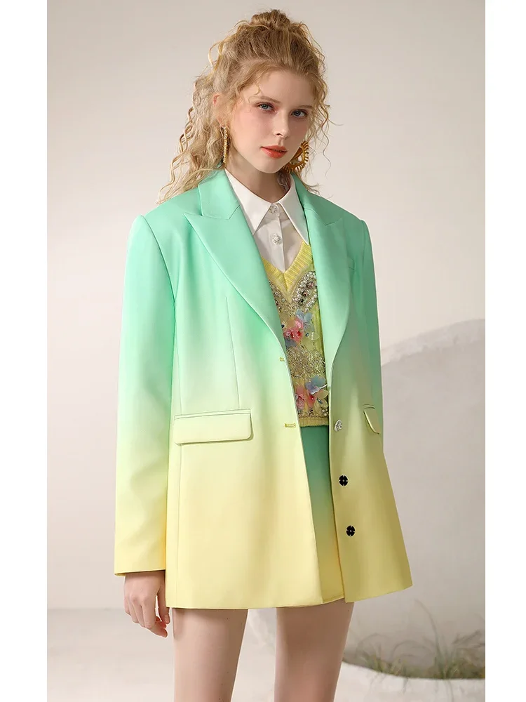 2024 Spring Womens Green Yellow Gradient Printing Suit Jacket Niche Design Temperament Business Blazer Women Clothes Office Lady