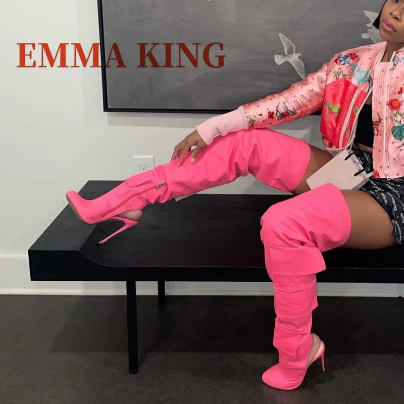 خليط الوردي جيب الأحذية أشار تو فوق الركبة رقيقة عالية الكعب الانزلاق على مثير النساء الخريف الشتاء فستان الحفلات الأحذية الأحذية