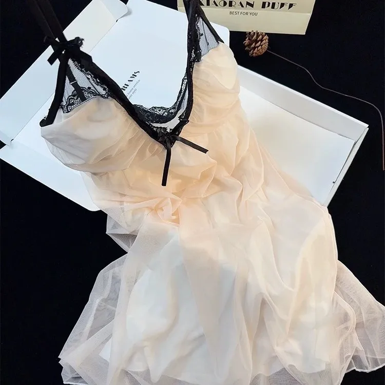 

Mesh Lingerie Sexy Nightdress Spaghetti Strap Homewear Princess Style Sleepwear Deep V-Neck Pajamas Sweet Bow Loungewear