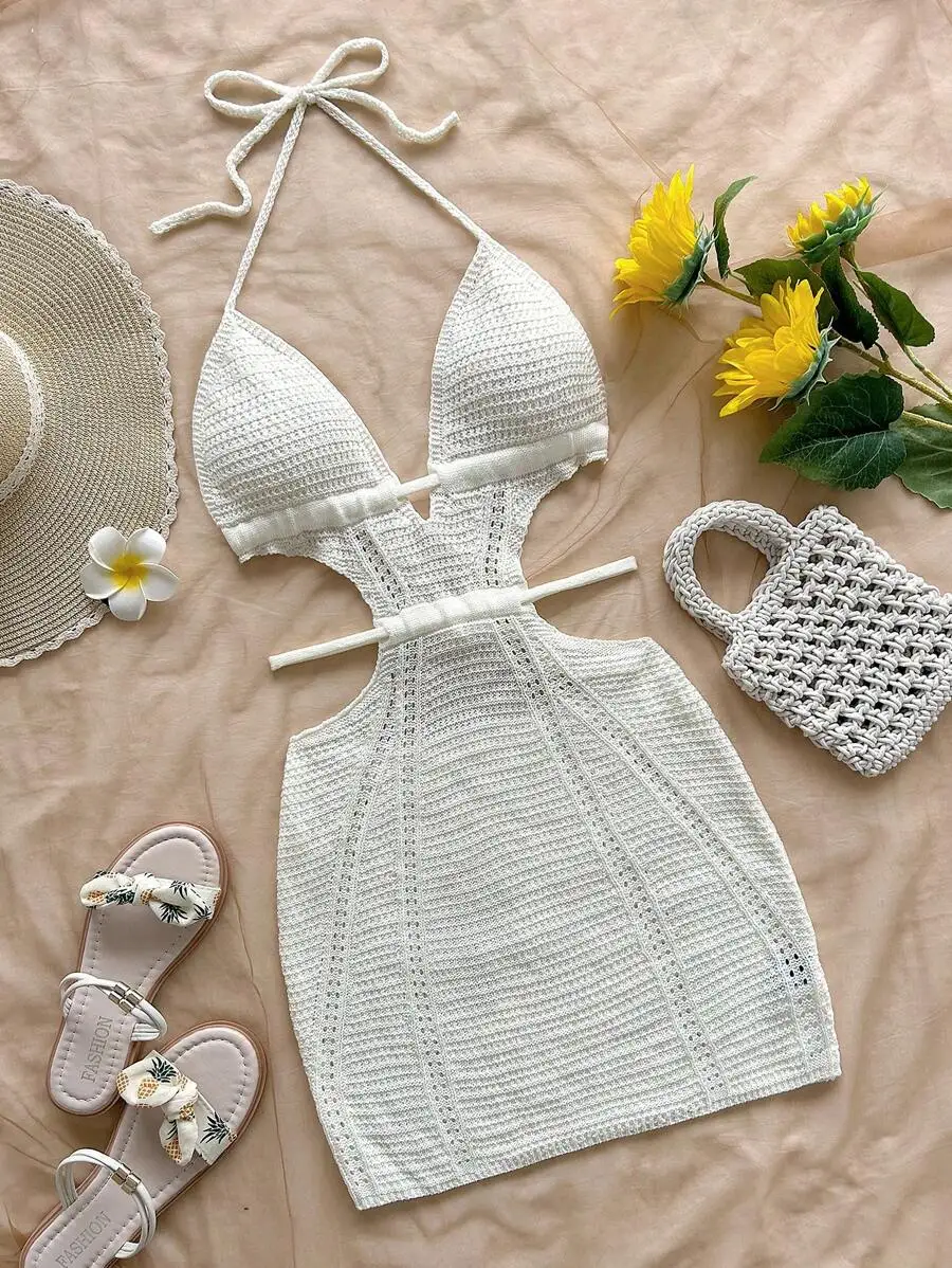 

White Crochet Halter Mini Dress with Cut-Outs and Tie Back
