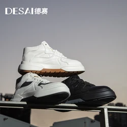 DESAI Men Casual Shoes Boots Add Fur Genuine Leather White Color Male Sneakers Laces Up Breathable