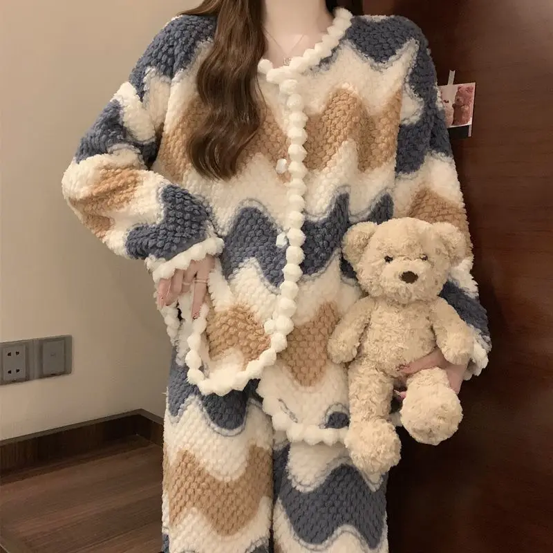 

Женские пижамы в полоску в корейском стиле, комплект домашней одежды, сохраняющий тепло, фланелевая фланель для девочек, коралловый флис, утолщенная минималистичная домашняя одежда на флисовой подкладке