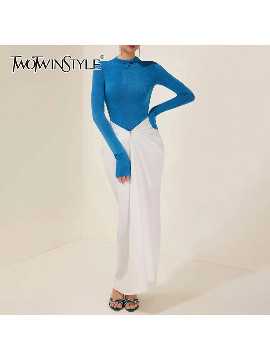 

TWOTWINSTYL утягивающие комплекты из двух предметов для женщин, топ с воротником-стойкой и длинными рукавами, юбка нестандартной формы с высокой талией, элегантный комплект женской одежды