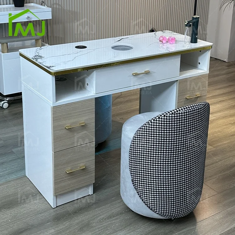 Modern Manicure Desk, Wood and Metal Nail Table with Dust Collector, 110 x 80 x 42 cm, Professional Salon Furniture