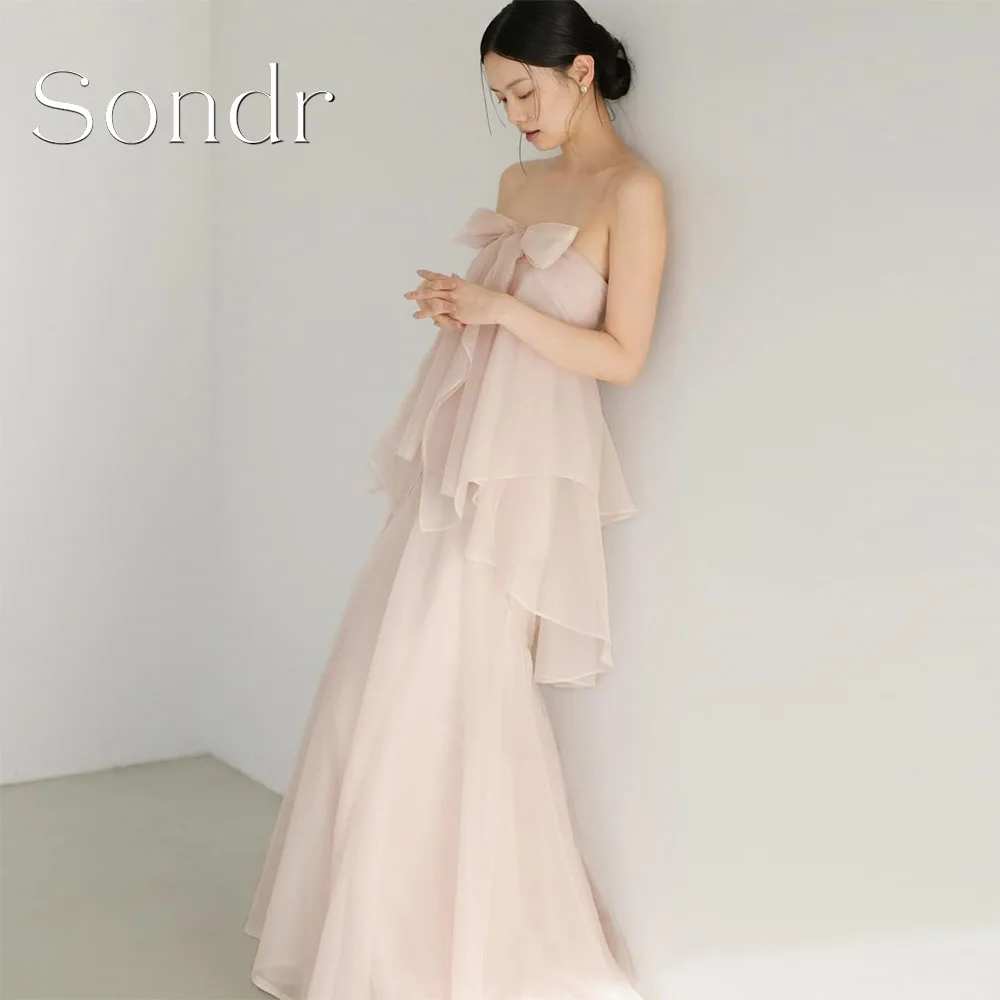 

Sondr Customized Pink Elegant Simple Korean Evening Dresses Strapless Ruffled A Line Silk Organza Long Prom Party Gown Japanese