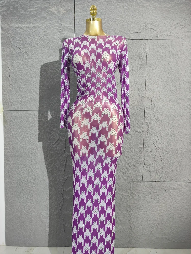 

2025 сексуальное прозрачное платье макси со стразами и кристаллами - женское модное длинное платье для вечеринки, бара и сценического наряда