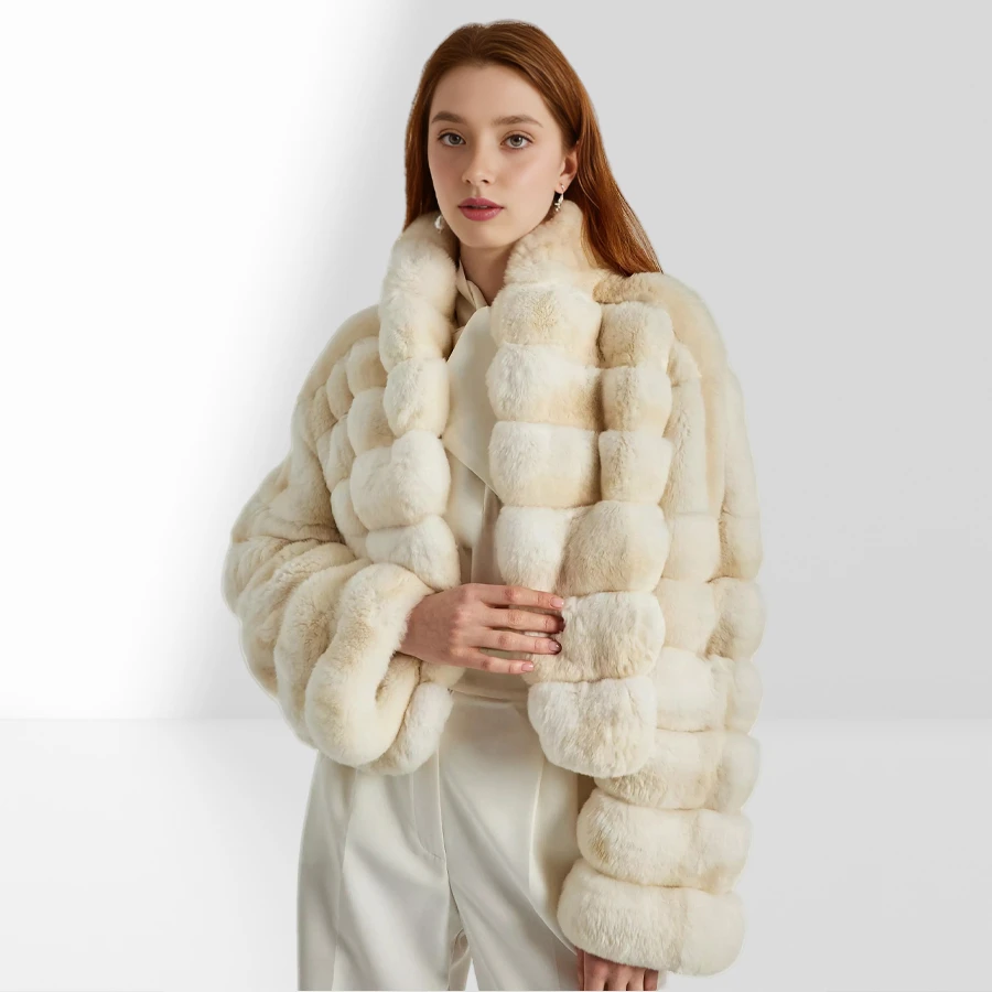 Abrigo de piel de conejo auténtica con cuello alto, abrigo de piel de Color Chinchilla para mujer, Chaqueta de piel corta de invierno, abrigo de piel Natural de alta calidad