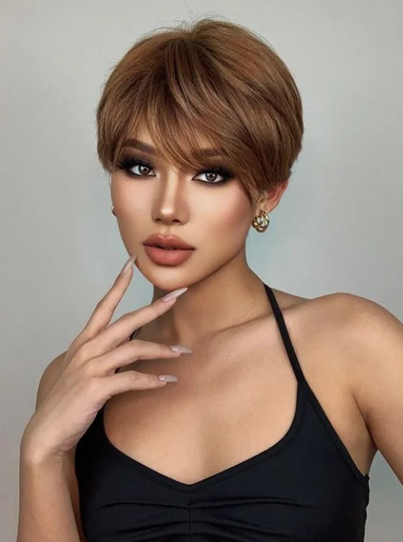 Reddish Brown Short Pixie Cut Wigs for Women Layered Cut Straight Hair Wig