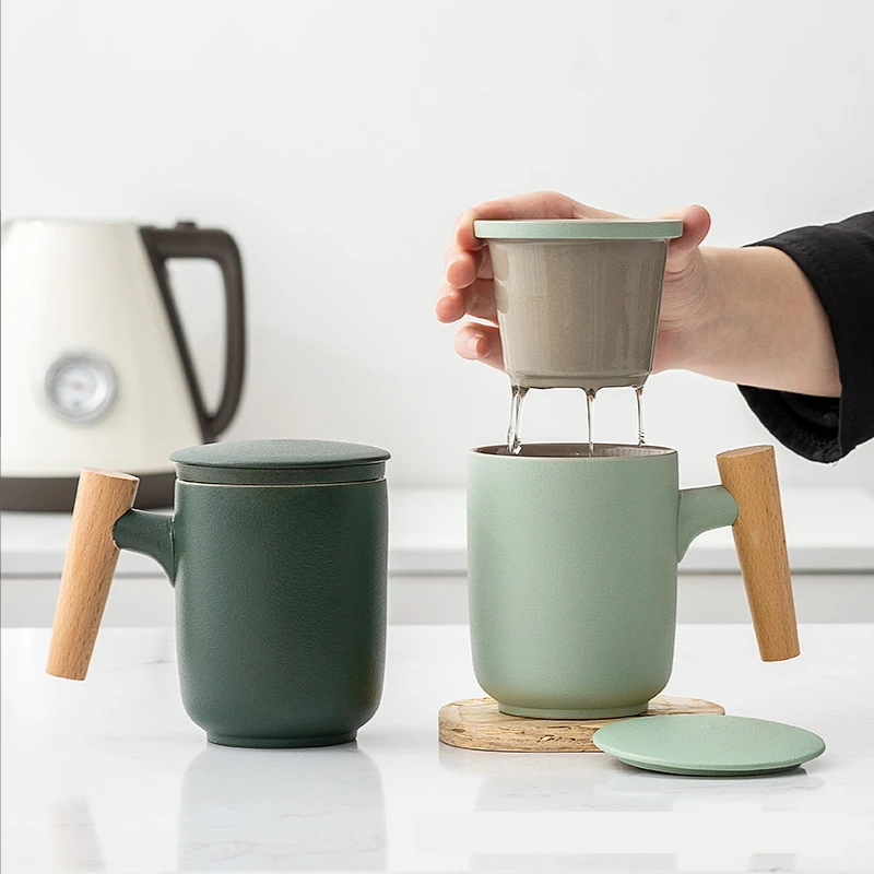 Tea Separation Mug Ceramic Frosted Tea Cup Household Office Wooden Handle Mug With Lid Filtration Ceramic and Pottery Cups Mugs