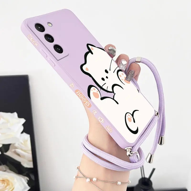 White Cloud Cat Crossbody Lanyard Silicone Phone Case For Samsung Galaxy S23 S23 Plus S22 S21 FE S21 S20 S9 Note 20 10 20 Cover